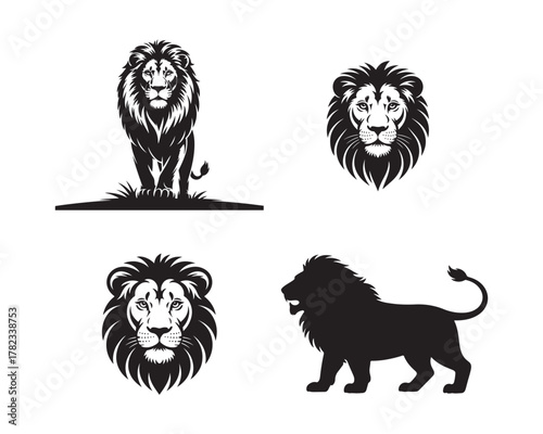 lion silhouette set, lion collection, jungle king silhouette, roaring lion, lion head vector, majestic lion design, african lion vector, powerful lion illustration