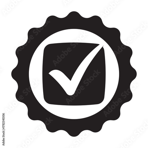 A black and white icon featuring a check mark (or tick) inside a circular, scalloped badge. Represents quality, approval, guarantee, verification, certification, and success.