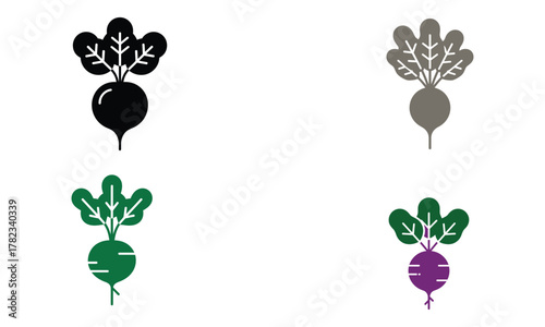 Colorful beetroot icon set with leaf design on white background  
