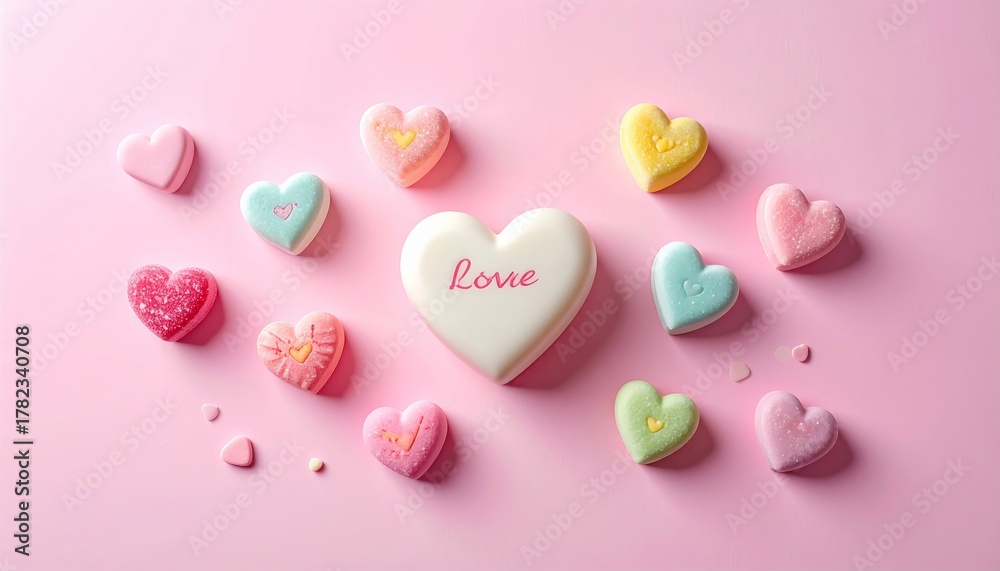 Obraz premium Colorful pastel heart Valentine chocolates pattern on pink background with love text, romantic candy for sweet celebration.