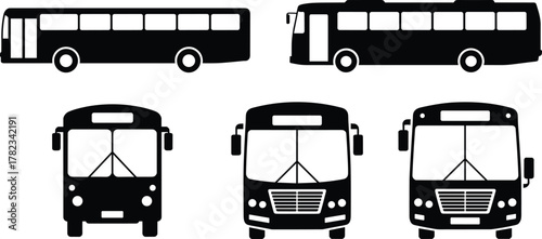 Bus silhouette icons, side view and front view, public transport vehicle illustration, black graphic design, transportation clipart, commuter bus template, urban travel symbol