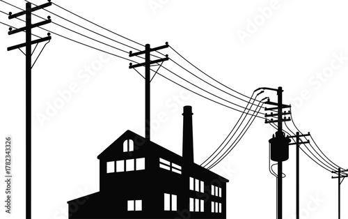 Industrial building silhouette with power poles, electricity wires, transformer, urban infrastructure, energy distribution, factory chimney, utility lines, electrical grid, black outline illustration,