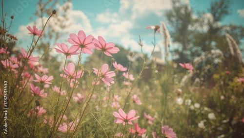 Fototapeta Naklejka Na Ścianę i Meble -  Blooming pink cosmos flowers in a summer garden, ideal for editorial headers
