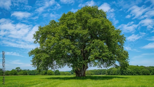 Fototapeta Naklejka Na Ścianę i Meble -  A tall ancient oak stands proudly in a lush meadow beneath a sunny sky dotted with clouds
