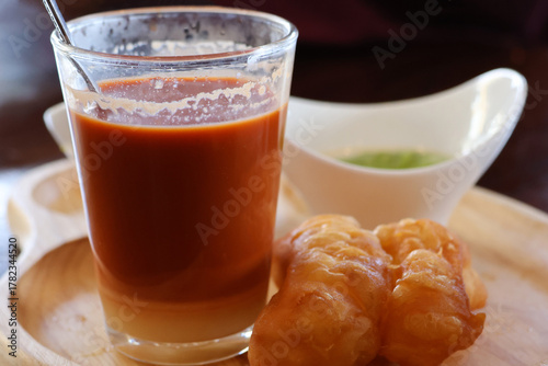 Breakfast set for serving deep-fried dough sticks and milk tea