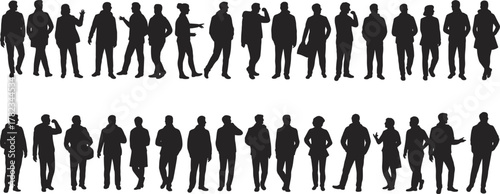 Silhouette people standing, walking, holding bags, using phone, casual poses, diverse crowd, urban lifestyle, business commuters, teamwork concept, demographic illustration