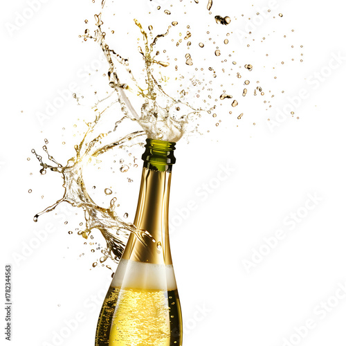 Champagne bottle explosion isolated on transparent background