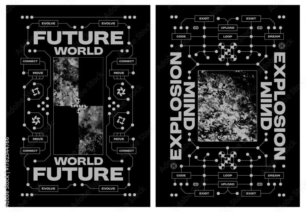 Fototapeta premium Collection retro futuristic poster. System evolution and digital explosion graphics in brutalist halftone texture. Sci-fi typography and bitmap glitch effect. Vector set