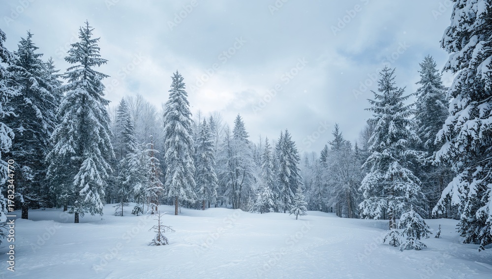 Fototapeta premium Snow-Covered Spruce Woods on a Chilly Morning. Stunning Winter Landscape