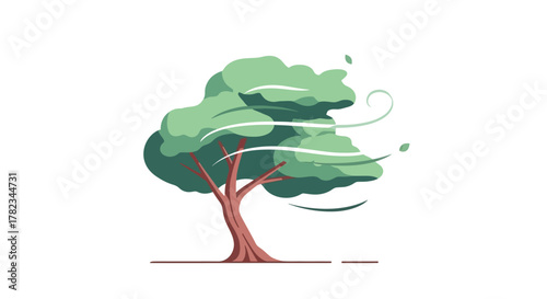 A stylized illustration of a tree with green leaves being blown by a strong wind, depicting the force of nature and weather changes