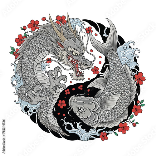 Dynamic dragon and koi fish yin yang symbol surrounded by vibrant cherry blossoms and swirling water, representing balance and power in traditional Japanese art.