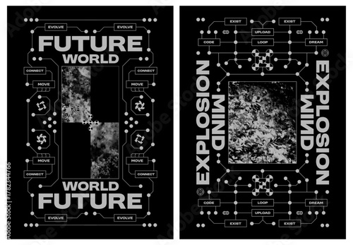 Collection retro futuristic poster. System evolution and digital explosion graphics in brutalist halftone texture. Sci-fi typography and bitmap glitch effect. Vector set