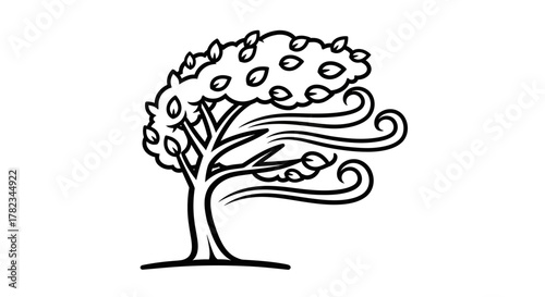 Simple black and white vector graphic of a windswept tree. An iconic representation of a windy day, storm, or autumn season