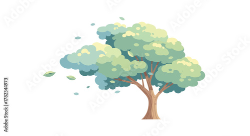 Whimsical tree illustration with leaves blowing in the wind, isolated on a white background