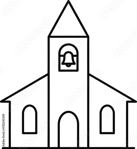 Simple line drawing of a church with bell tower on a white background