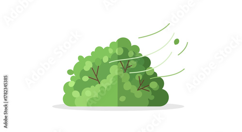 A vibrant green bush being gently rustled by a breeze, illustrating natural outdoor elements and weather conditions in a simple, clean graphic style