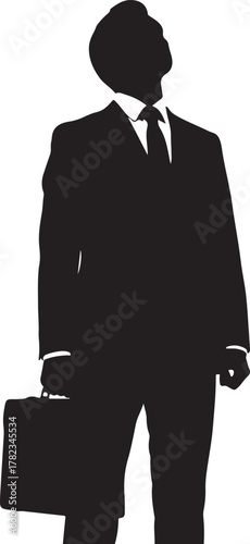 black silhouette of businessman holding briefcase and looking up, white background
