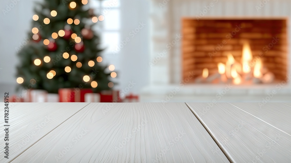 Naklejka premium Cozy atmosphere in a modern living room adorned for New Year celebrations featuring a fireplace and a shimmering Christmas tree