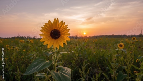 Fototapeta Naklejka Na Ścianę i Meble -  Sunflower standing tall in a golden sunset meadow