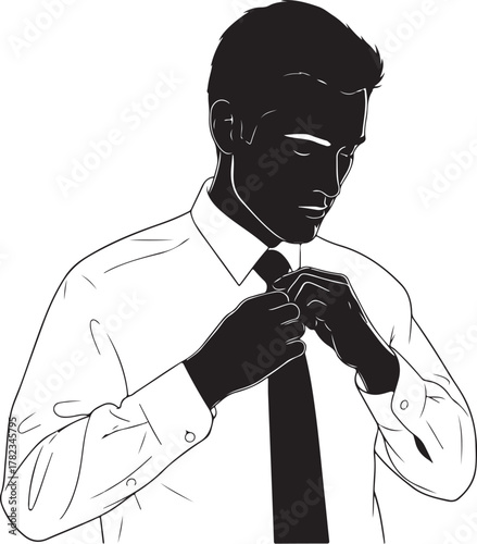 black silhouette of confident businessman adjusting tie, white background, vector clean look