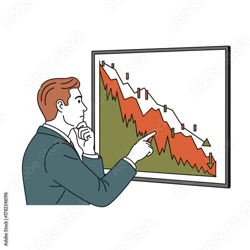 Thoughtful businessman analyzing a concerning downward trend on a financial chart, indicating market volatility and potential economic recession and instability