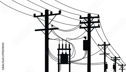 Utility poles silhouette with electrical transformers, power lines infrastructure, energy distribution network, industrial electricity supply, urban grid system, technology illustration,