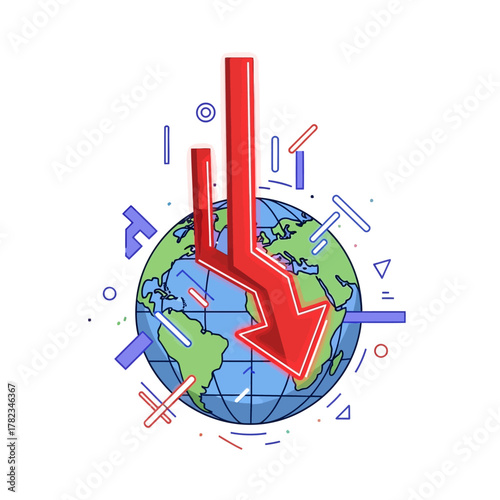 Global Economic Downturn Represented by a Red Arrow Crashing Down on Planet Earth