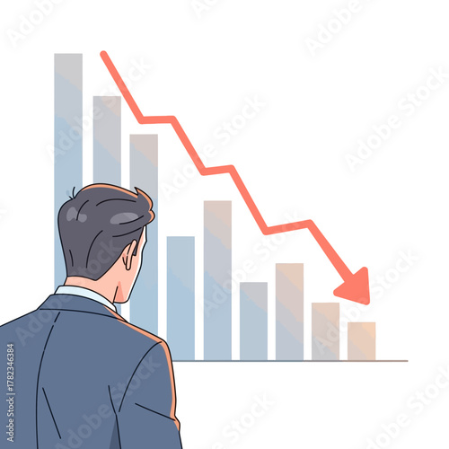 Business Decline Man Watching Falling Graph, Indicating Loss and Market Downturn