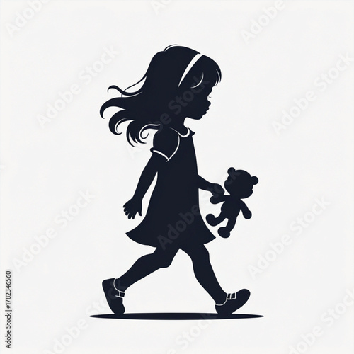 Silhouette of a Little Girl Walking with Her Teddy Bear