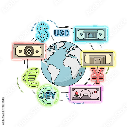Global Currencies Money Exchange Around the World Illustration