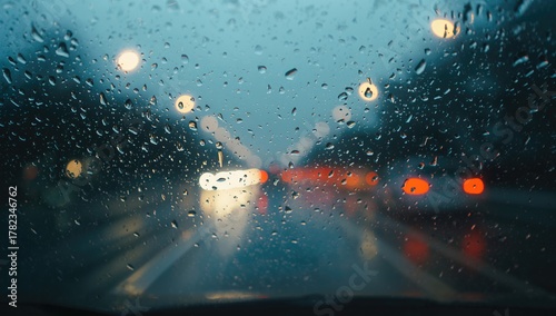 Wallpaper Mural Wet road congestion with blurred streetlights through a rain-covered windshield Torontodigital.ca