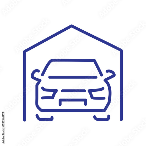 A simple blue line art icon of a car parked inside a garage.
