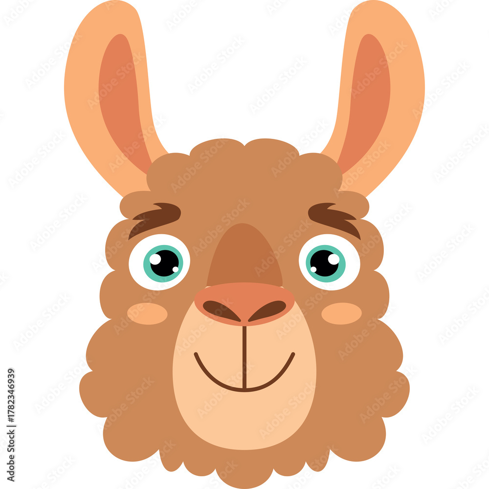 Naklejka premium Cute Cartoon Llama Face With Big Green Eyes And Fluffy Brown Fur On Transparent Background A Friendly Looking Andean Camelid Animal Portrait
