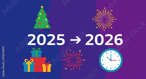 New Year Transition 2025 to 2026 with Festive Holiday Elements, Symbolizing Change, Celebration, and Future Aspirations