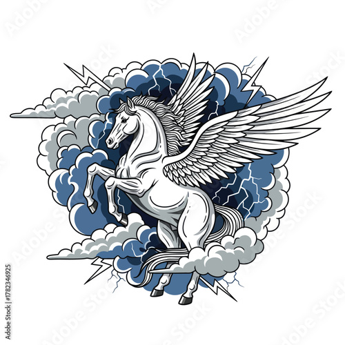 Majestic pegasus soaring through stormy skies with dramatic lightning, a symbol of power, grace and freedom, ideal for fantasy art and creative projects