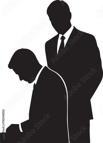 black vector silhouette of manager supervising employee, white background