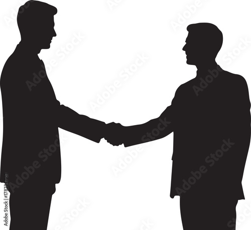 Silhouette of business man shaking hands with partner on white background.