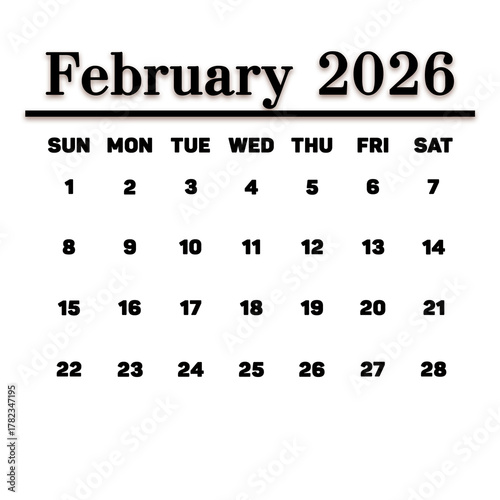 Monthly calendar for February 2026 isolated on a white background. Clean classic template ideal for planning, scheduling, printing, and design layouts.