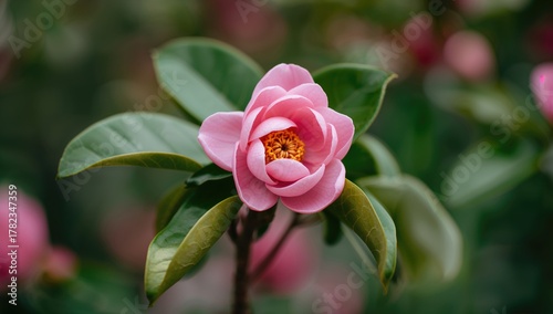 Detailed view of vibrant pink Camellia blossoms with lush foliage on a soft-focus backdrop, representing the essence of spring or summer and the purity of natural extracts.