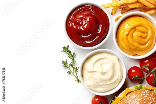 Overhead shot of burger condiments ketchup mustard mayonnaise with fries and tomatoes on white background