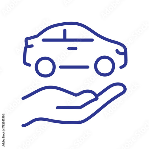 Blue line art icon of a hand holding a car, symbolizing vehicle insurance, protection, and care.