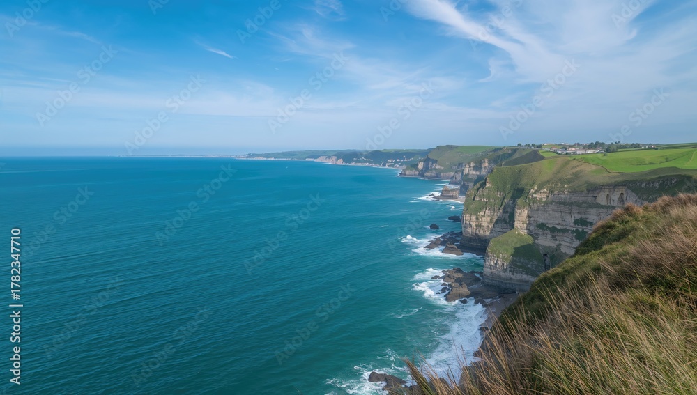 Fototapeta premium Cornwall coastline landscape featuring cliffs and sea, showcasing seasonal change
