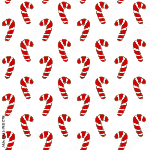Seamless pattern on gingerbread cookies in the shape of a candy cane. Repetitive texture for Christmas backgrounds, winter holiday decorations, and packaging designs. A sweet snack for guests