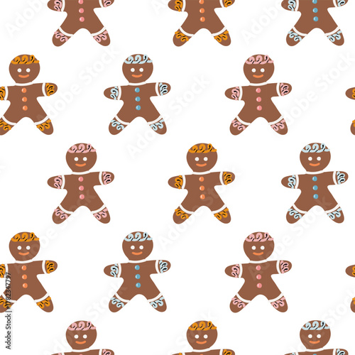 Seamless pattern on gingerbread cookies in the shape of a gingerbread man. Repetitive texture for Christmas backgrounds, winter holiday decorations, and packaging designs. A sweet snack for guests