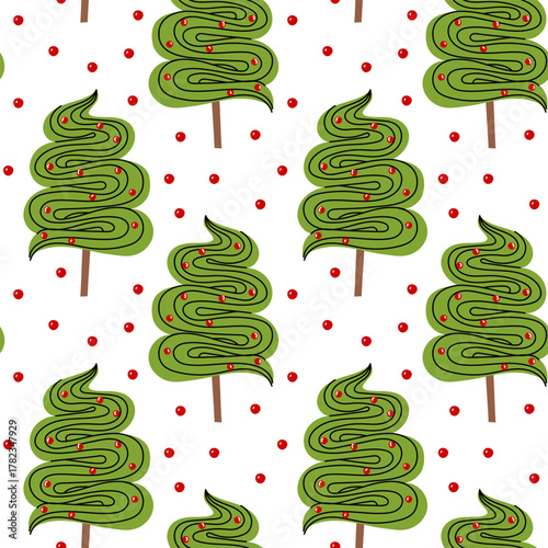 pattern with handmade marshmallows on stick in shape of green Christmas tree, decorated with red beads. spiral Christmas tree. seamless texture for holiday packaging, gift packaging, textile printing