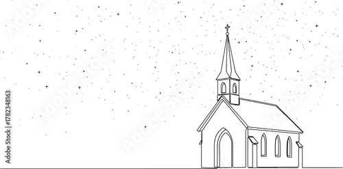 Minimalist line art of a church under a starry night sky in black and white