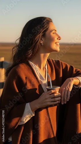 Beautiful woman in poncho drinking traditional mate tea and enjoying golden sunset in countryside