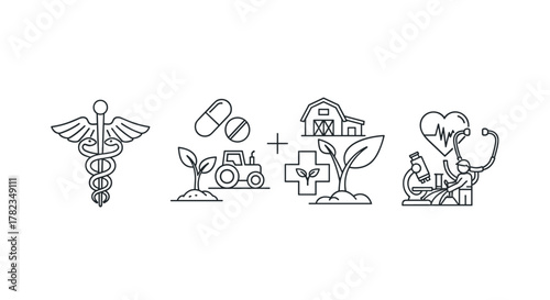 A conceptual line art illustration showcasing the intersection of medicine and agriculture, featuring icons like a Caduceus symbol, pills, a tractor, growing plants, a barn, a microscope, and a