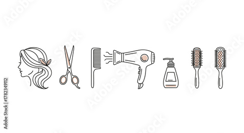 A clean and modern vector illustration featuring a set of essential hair salon tools and a woman's profile, presented as a line icon set on a white background, perfect for branding and design.