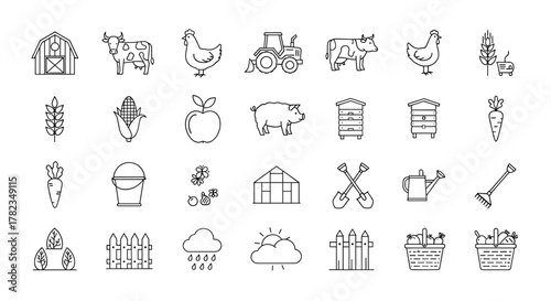 Agriculture and mixed farming thin line icon collection on white background, vector illustration. Ordered line icon set on white background, representing farming, rural life, and organic food